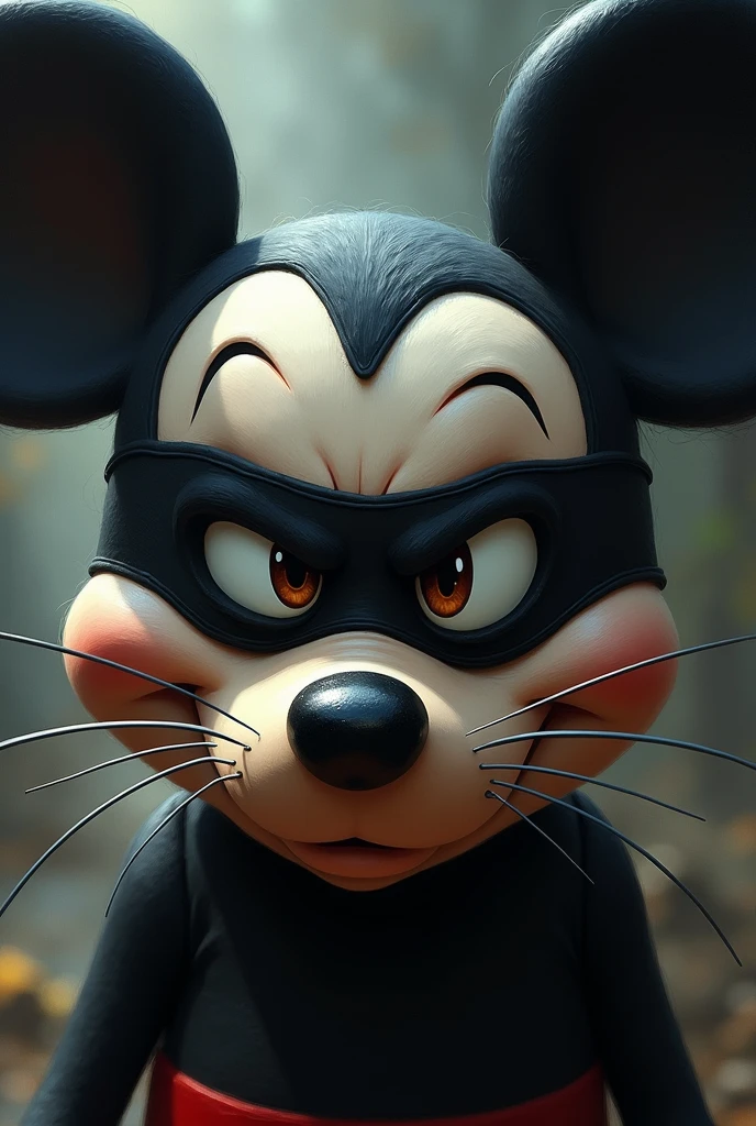 Create a rat face that looks like a serious Mickey Mouse in close-up with a black mask in a cartoon style
