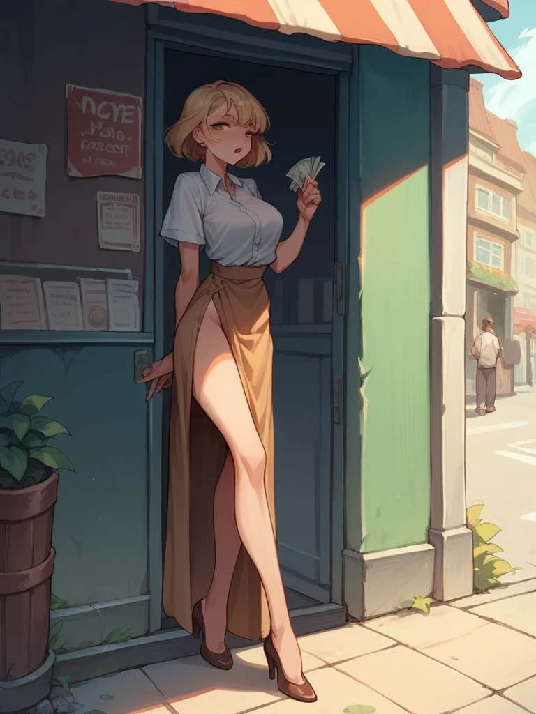 Tall woman, long legs, on the corner of a city, wearing prostitute's clothes,
