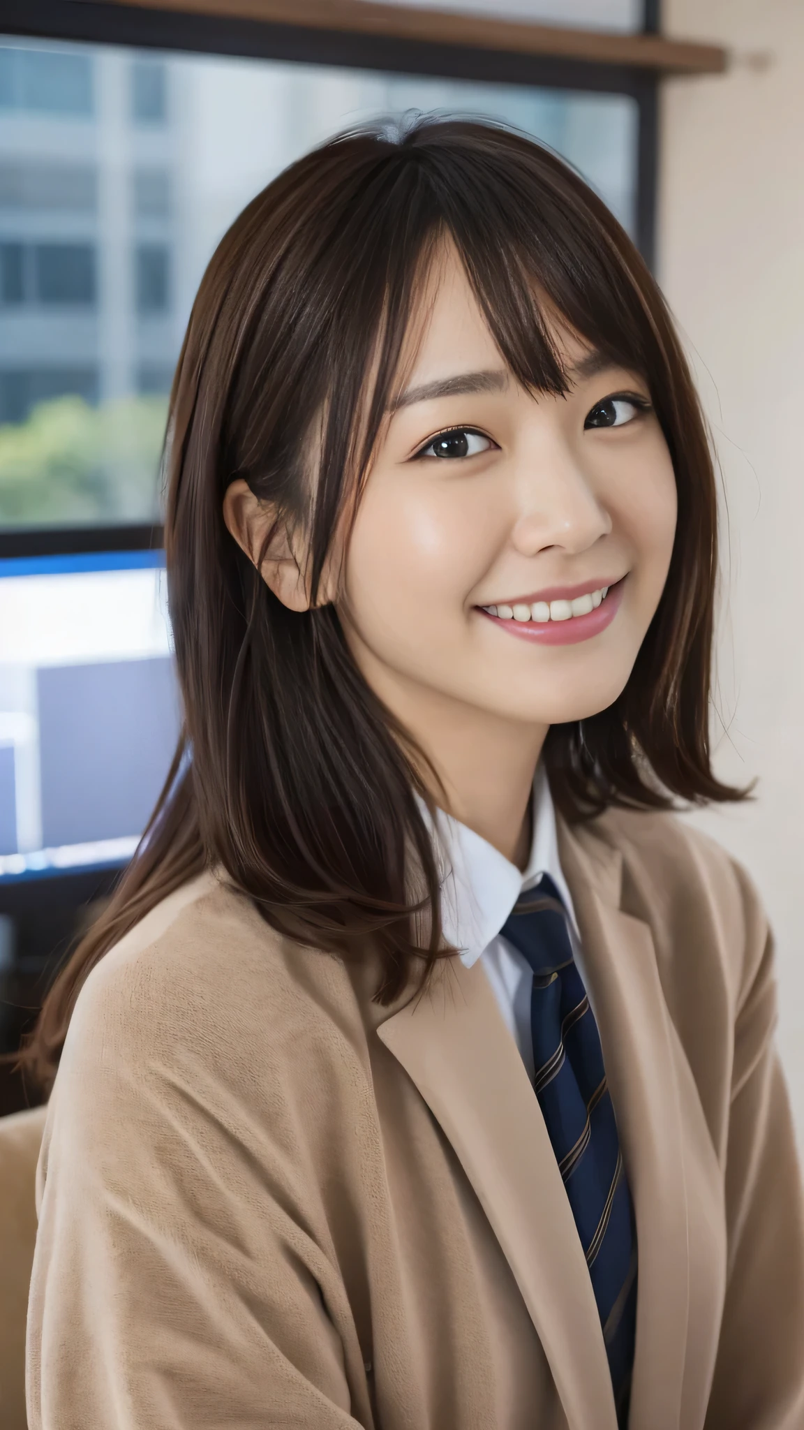(Surreal), (High resolution), (8k), (Very detailed), (Beautiful and detailed), (Highest quality), (Very detailedな), (masterpiece), (Detailed face), Soft Focus、Yui Arakaki's face、Huge 、Japanese、Inside the company、Tie your hair、Laughter、Office Casuan a women's suit、Full body shut、Brown Hair、The best smile、One screen, one person、Only one person