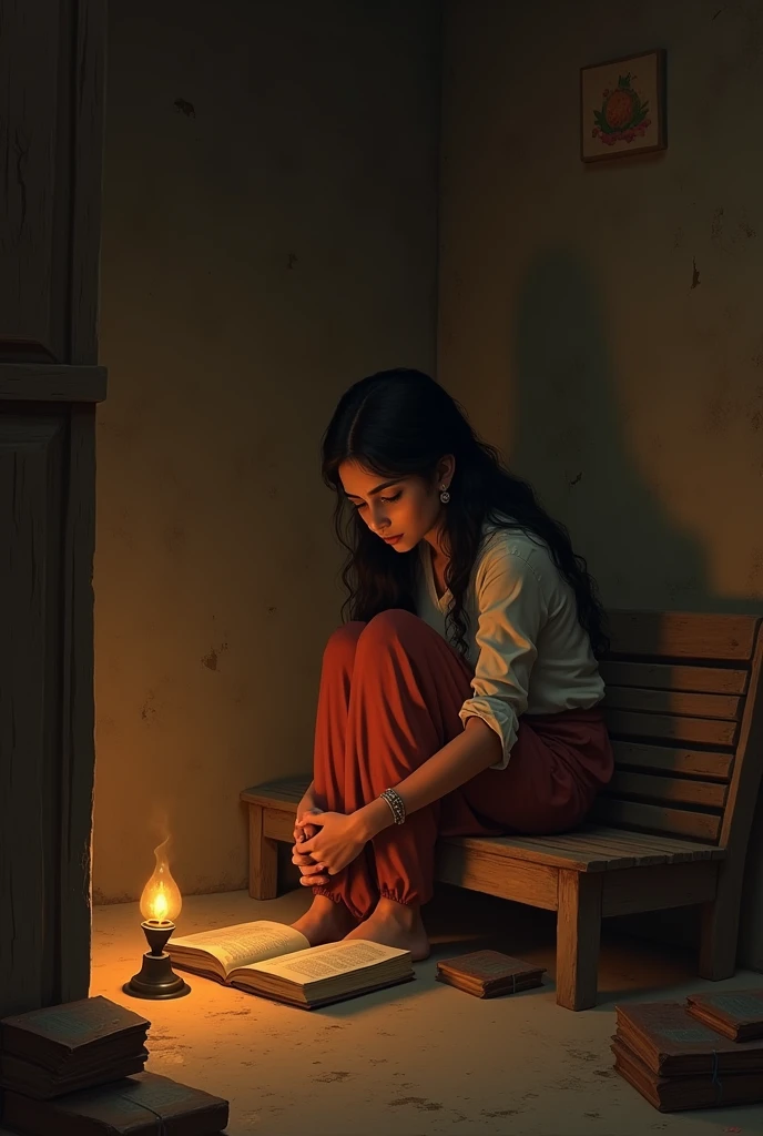 Radhika Studying:

The  is sitting on a wooden bench inside a dimly lit room. She is deeply focused on her books, with a small lamp beside her. The room is simple, with earthen walls and a few old, worn-out books around. Her expression shows determination and curiosity