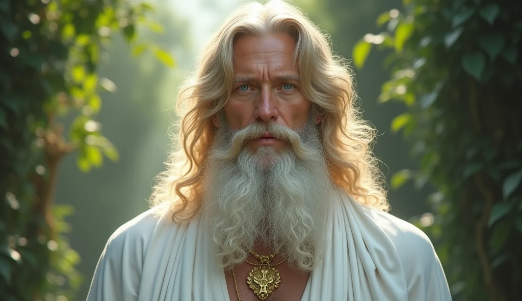 (master part, absurderes, highres, ultra detaild), 1 men, God Almighty, wavy blond hair, grown-up, blue colored eyes, white beard, male focus,Face pretty, white robe clothes, enchanting, Lovely, detailed eyes and face, 32K UHD, RAw style, in the garden of eden, gigantic man
