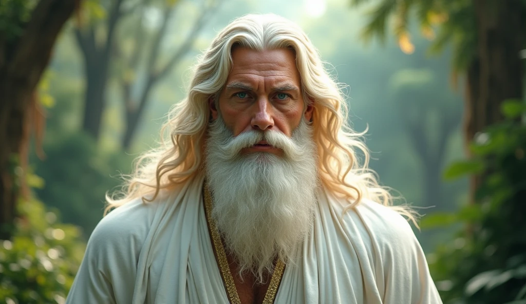 (master part, absurderes, highres, ultra detaild), 1 men, God Almighty, wavy blond hair, grown-up, blue colored eyes, white beard, male focus,Face pretty, white robe clothes, enchanting, Lovely, detailed eyes and face, 32K UHD, RAw style, in the garden of eden, gigantic man