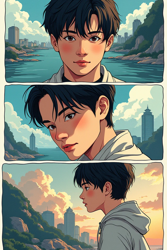 Manhwa comic page with multiple scenes, capturing the character's evolution and the atmosphere of each moment.