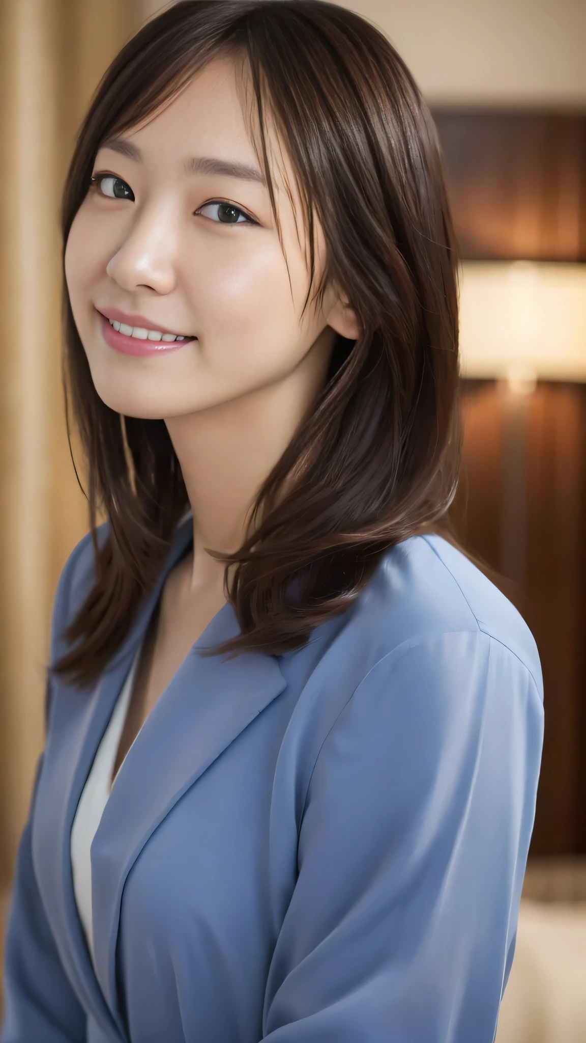 (Surreal), (High resolution), (8k), (Very detailed), (Beautiful and detailed), (Highest quality), (Very detailedな), (masterpiece), (Detailed face), Soft Focus、Yui Arakaki's face、Huge 、Japanese、Inside the company、Tie your hair、Laughter、Office Casuan a women's suit、Full body shut、Brown Hair、The best smile、One screen, one person、Only one person