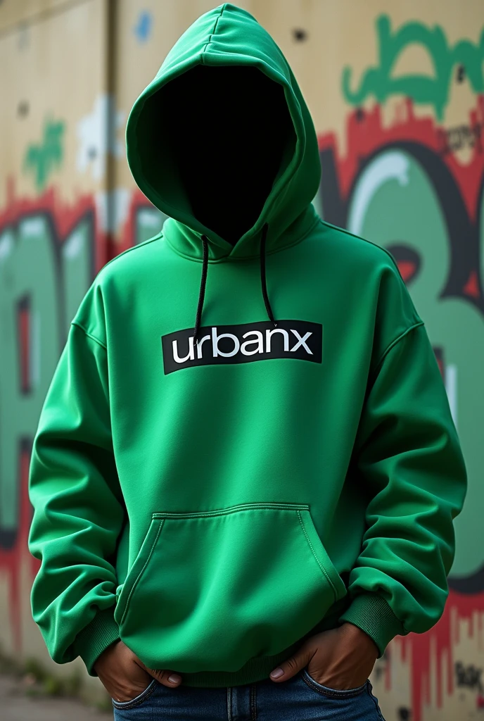 A high-quality, realistic image of an oversized green 'UrbanX' sweatshirt with a black hoodie, featuring a unique urban-inspired graphic print. The sweatshirt should be the sole focus of the image, with no people or additional clothing visible. The graphic print should be bold and original, stylish "UrbanX" logo prominently displayed on the front. The background should feature a graffiti covered wall with green and black paint splatters, enhancing the urban atmosphere. The overall aesthetic should be modern, bold and stylish, highlighting the brand's distinctive urban appeal."