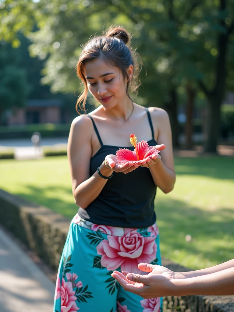 hibiscus flower in her hand in the park, only show hand and flower