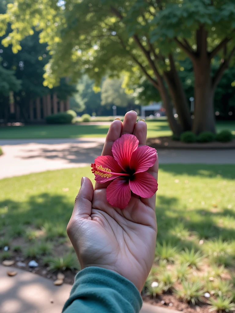 hibiscus flower in her hand in the park, only show hand and flower