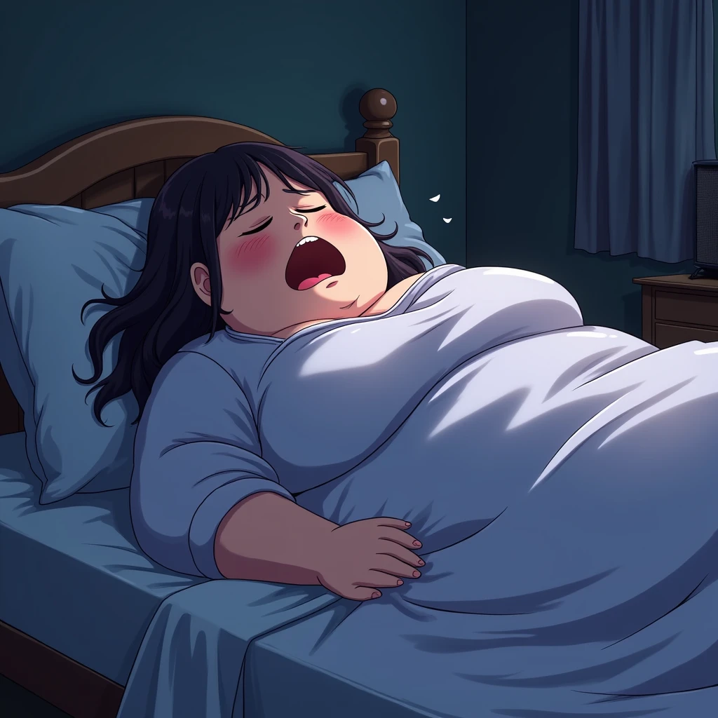 An obese anime woman snoring in bed at night.