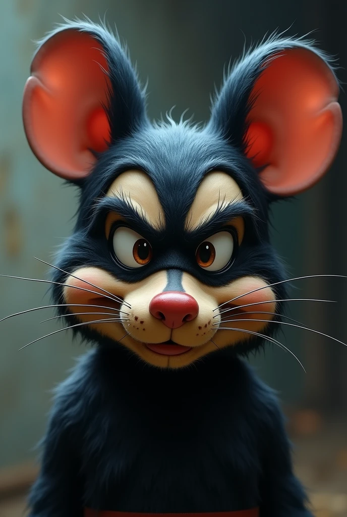 Create a rat face that looks like a serious Mickey Mouse in close-up with a black mask in a cartoon style
