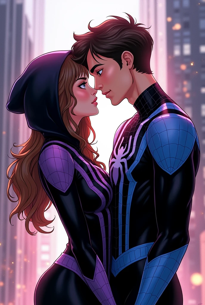 Pretty long brown-haired girl with brown eyes in a spiderman suit with a black and purple hood in love with a handsome spiderman boy in a black and blue suit with black hair a little older than her with a good physique. Comic panel in the Marvel style.