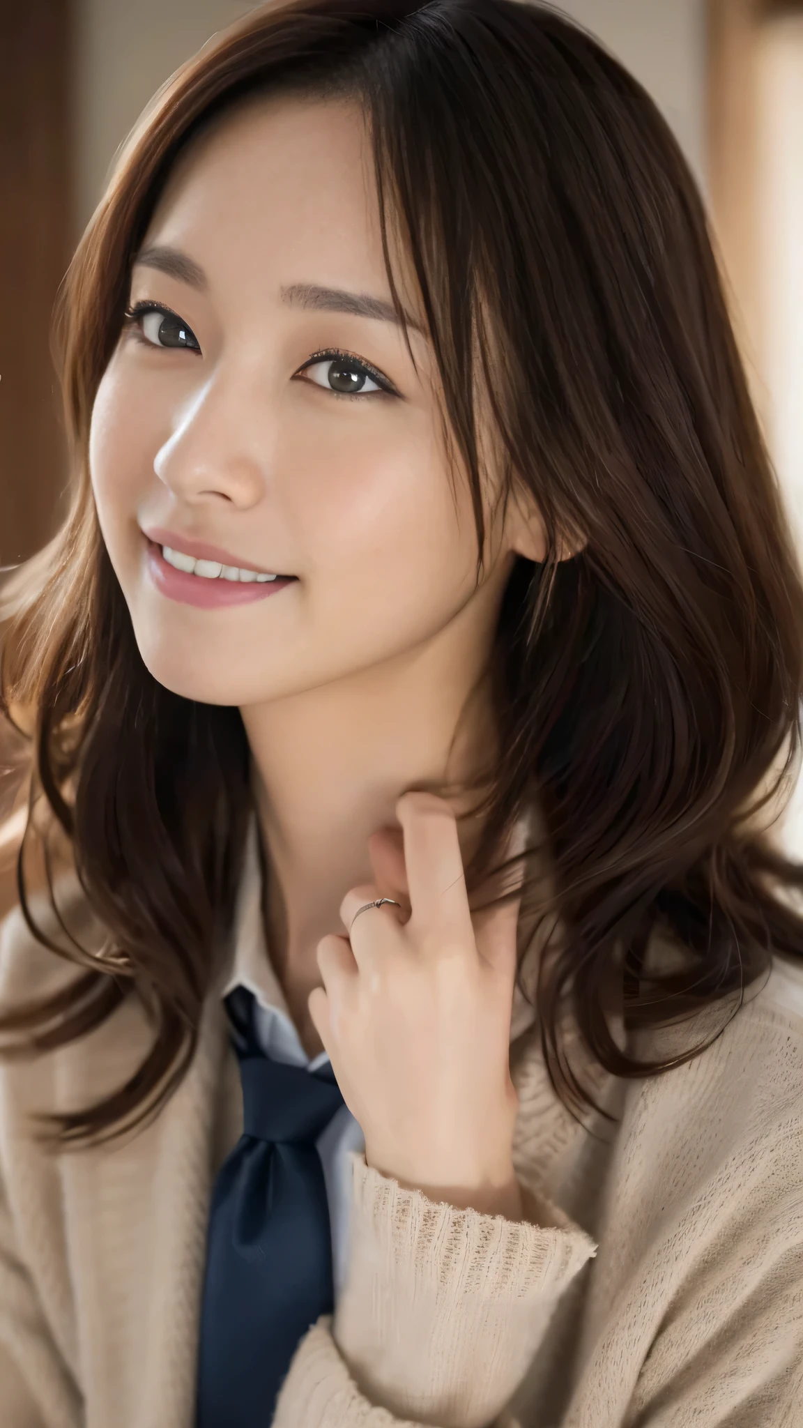 (Surreal), (High resolution), (8k), (Very detailed), (Beautiful and detailed), (Highest quality), (Very detailedな), (masterpiece), (Detailed face), Soft Focus、Yui Arakaki's face、Huge 、Japanese、Inside the company、Tie your hair、Laughter、OL、In a women's suit、Full body shut、Brown Hair、The best smile、One screen, one person、Only one person