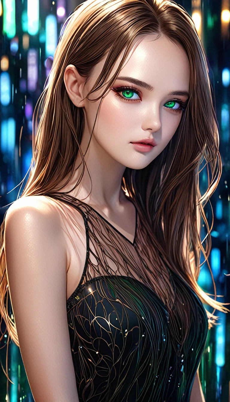 cool beauty, (attractive and seductive) and (amorous and lewd) face, fleeting and sad expression, brown messy layered straight hair, forehead, make-up, black string dress, glamorous proportions, background dim bar, (ultra detailed, absolutely resolution, best quality:1.3), 2.5D, delicate and dynamic effects, lighting effects, artistic, hyper, graphic CG digital art, BREAK watery green eyes