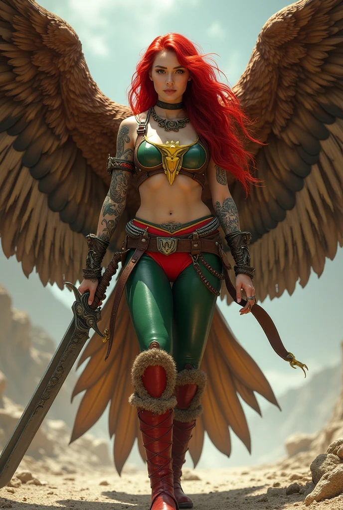 A beautiful red-haired woman wearing a green leather top with yellow in the middle and cali green leggings with red shorts over the leggings, red sheepskin boots, a giant wide-brimmed sword, huge brown falcon wings that cover her entire body, a brown harness on her chest, tattoos on one of her arms