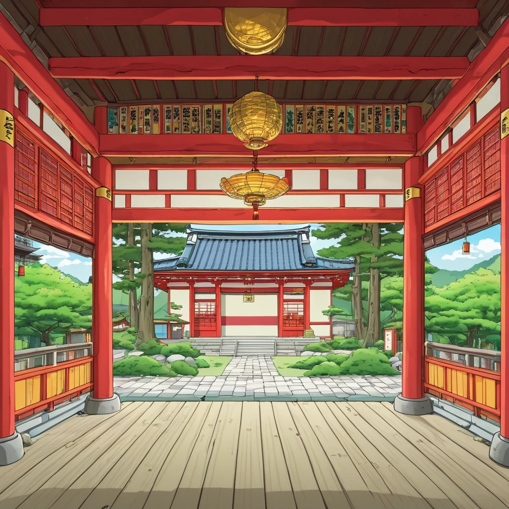 Fron view inside temple in in Japan, cartoon, 2d, the family guy style, street