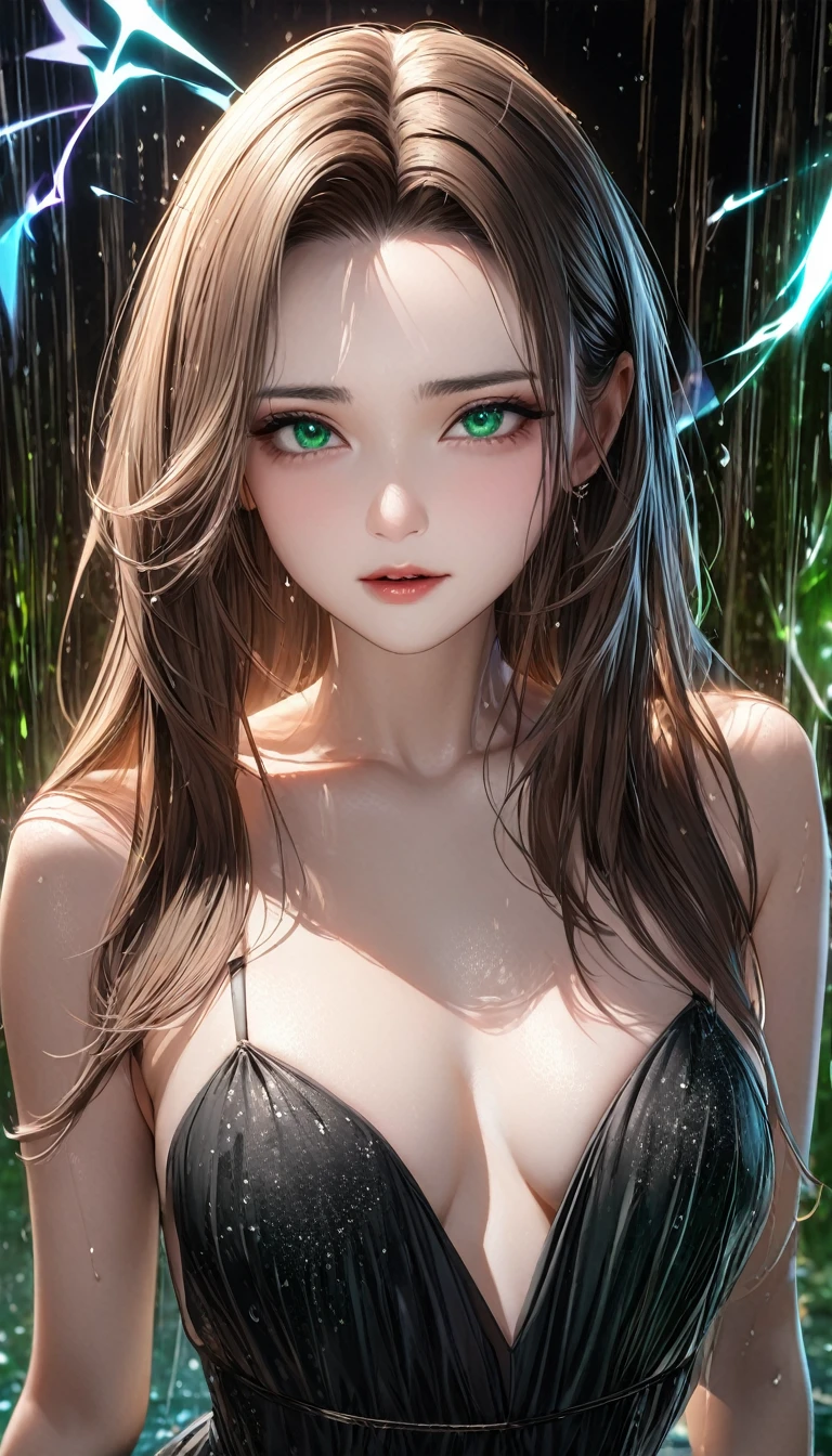 cool beauty, (attractive and seductive) and (amorous and lewd) face, fleeting and sad expression, brown messy layered straight hair, forehead, make-up, black string dress, glamorous proportions, background dim bar, (ultra detailed, absolutely resolution, best quality:1.3), 2.5D, delicate and dynamic effects, lighting effects, artistic, hyper, graphic CG digital art, BREAK watery green eyes