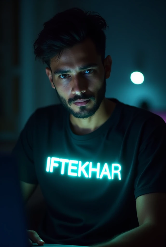 Iftekhar  A portrait of iftekhar passionate coder, wearing a t-shirt or shirt with his name written on it in glowing letters. The background is a dark room