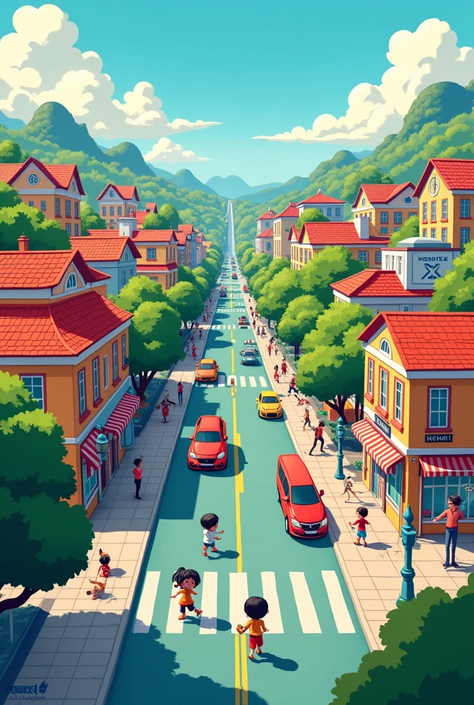 cartoon image of a city with traffic schools children crossing the street shops hospital market and houses