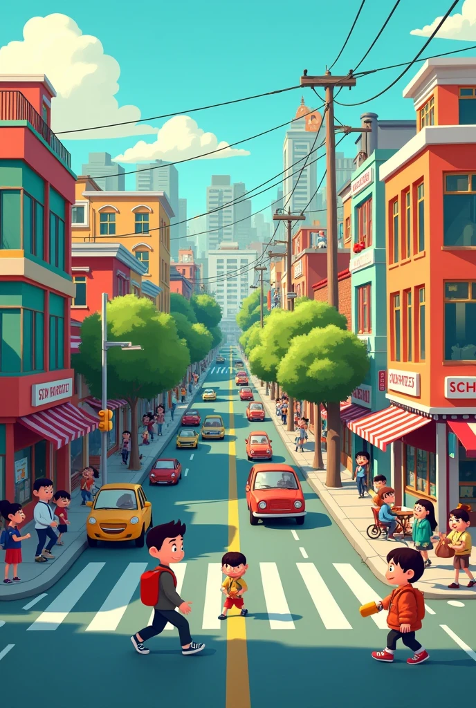 cartoon image of a city with traffic schools children crossing the street shops hospital market and houses