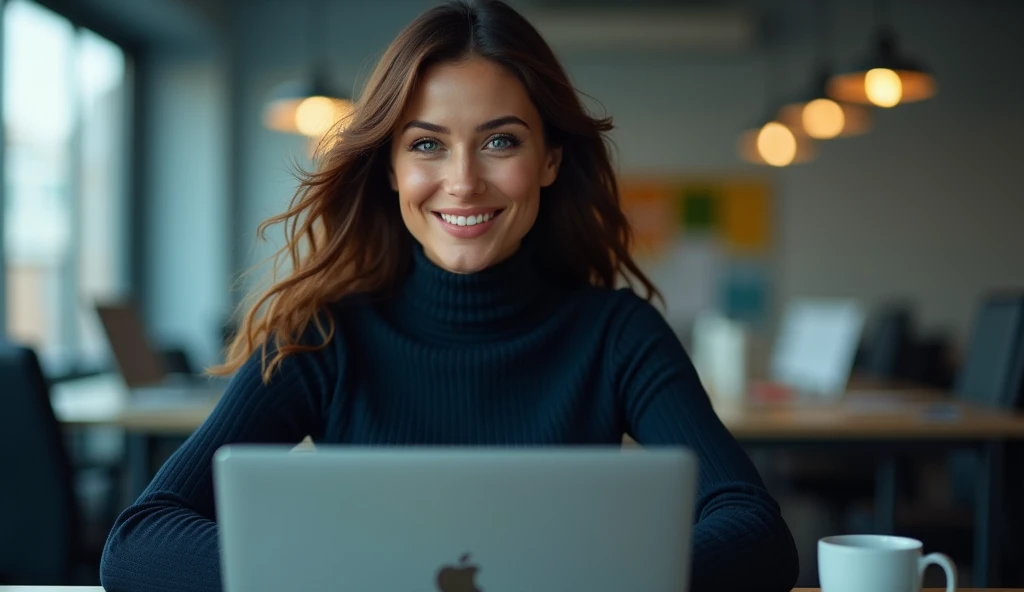 (background 4k),(high resolution),woman,brown hair,Beautiful smile,Blue Face,Big tits,(Wear a long-sleeved turtleneck shirt.),Sitting working in front of a laptop,(Sitting in the office),Has uniqueness,Beautifully detailed,Be natural,The intricate play of light,Professional Photographer,Have clarity,dramatic,Awarded globally,Cinematic lighting,(film grain,Blurred background,Blurred background,bokeh,depth of field)