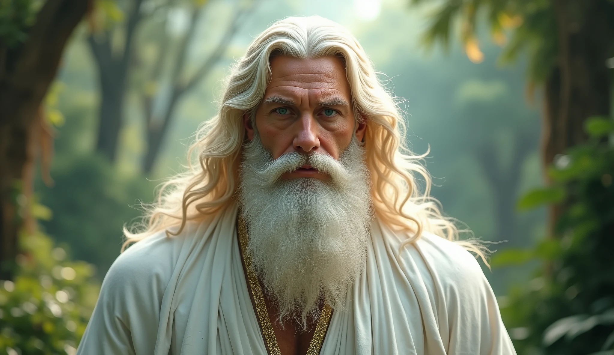 (master part, absurderes, highres, ultra detaild), 1 men, God Almighty, wavy blond hair, grown-up, blue colored eyes, white beard, male focus,Face pretty, white robe clothes, enchanting, Lovely, detailed eyes and face, 32K UHD, RAw style, in the garden of eden, gigantic man