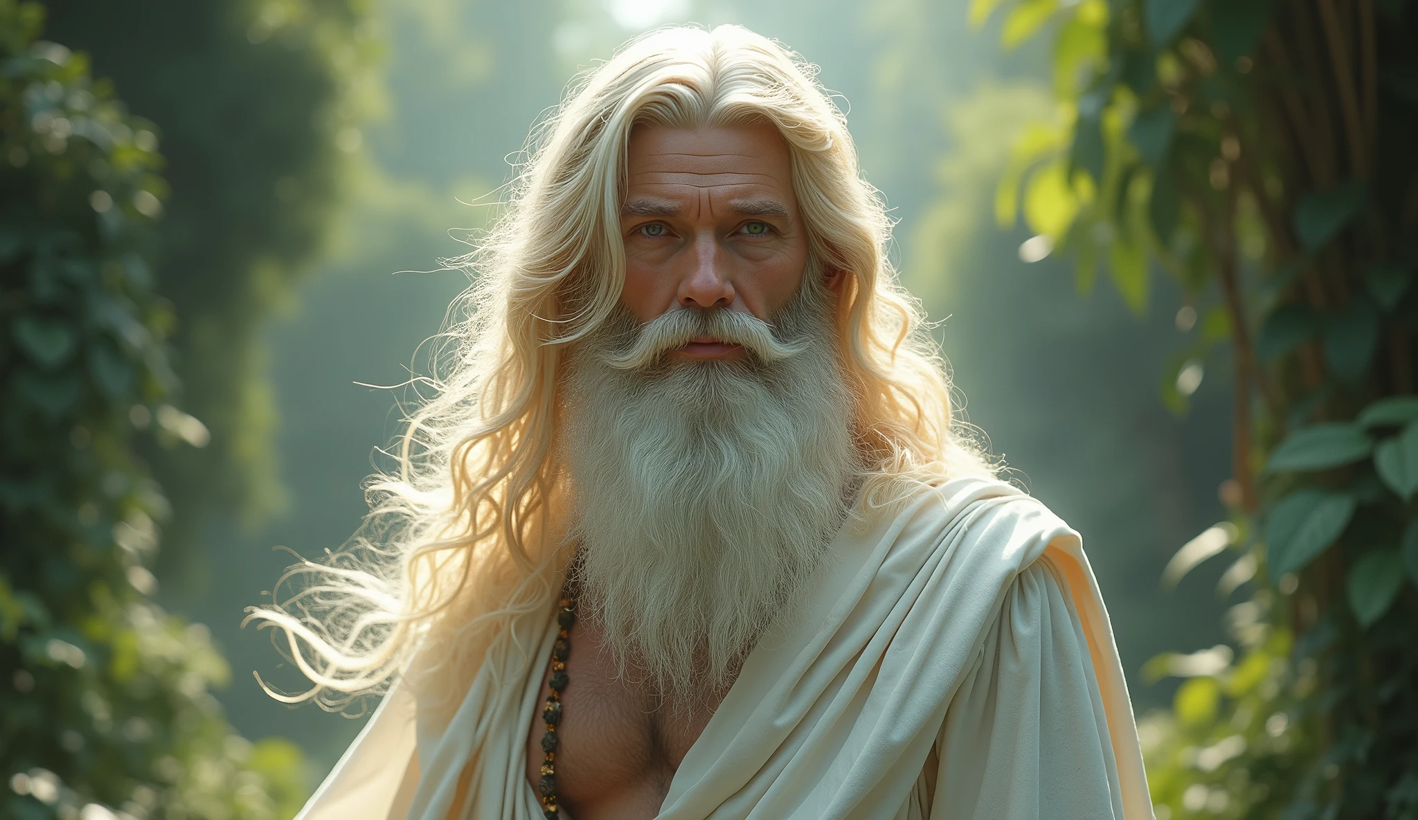 (master part, absurderes, highres, ultra detaild), 1 men, God Almighty, wavy blond hair, grown-up, blue colored eyes, white beard, male focus,Face pretty, white robe clothes, enchanting, Lovely, detailed eyes and face, 32K UHD, RAw style, in the garden of eden, gigantic man