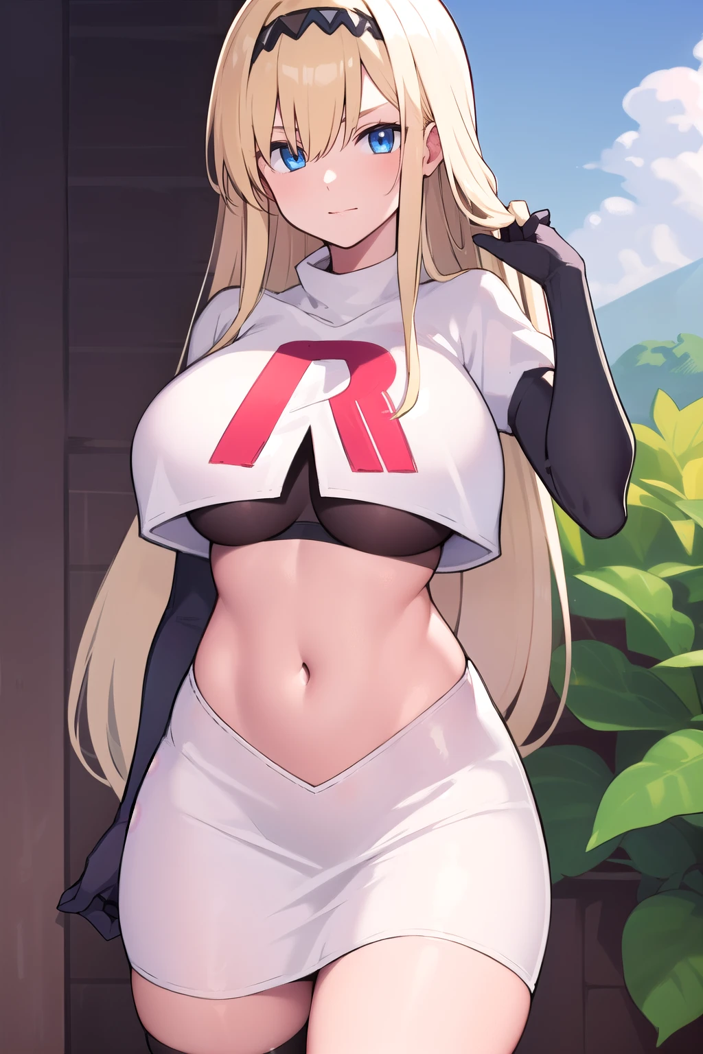 masterpiece, best quality,simple eyes,outdoors,1girl,north carolina,bangs, blonde_hair, blue_eyes,large breasts, eyebrows_visible_through_hair, hairband, long_hair, long_sleeves, looking_at_viewer, team rocket,team rocket uniform,white skirt,red letter R,crop top,black thigh-highs,black elbow gloves