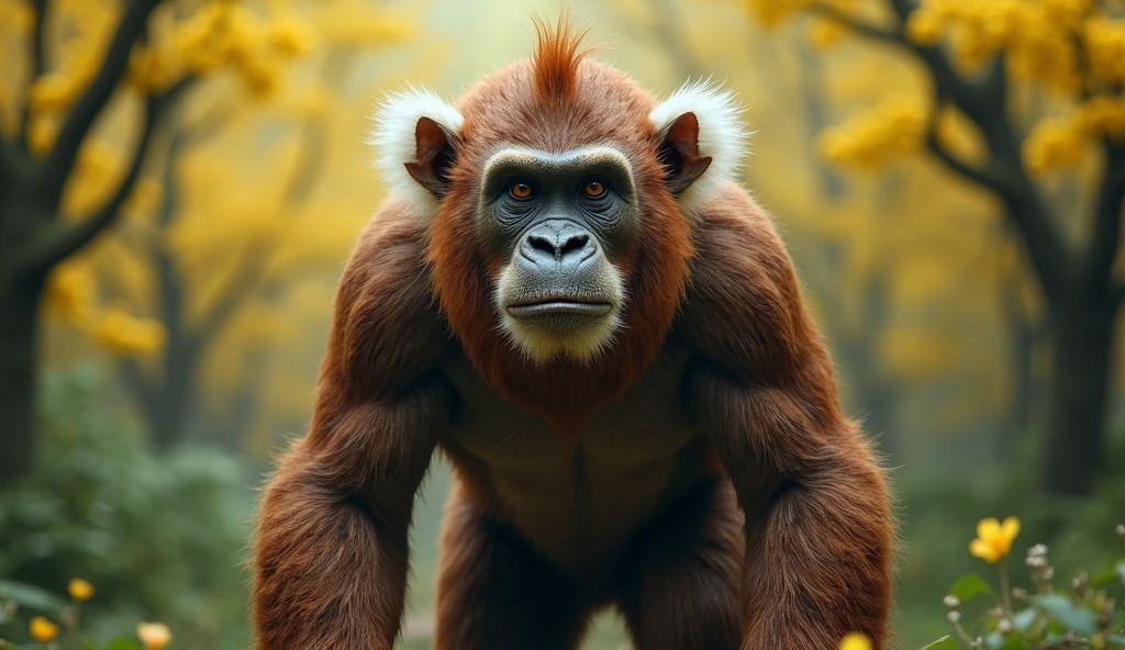 Front view,There is a wild beast in the osmanthus forest,Looks like a brown ey but has white ears,Standing upright like a human(best quality,4K,8k,High level,masterpiece:1.2),Ultra Detailed,(lifelike,Photo real,Photo real:1.37)