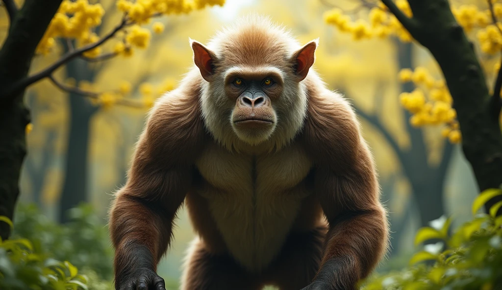 Front view，There is a wild beast in the osmanthus forest，Looks like a brown monkey but has white ears，Standing upright like a human（best quality，4K，8k，High level，masterpiece：1.2），Ultra Detailed，（lifelike，Photo real，Photo real：1.37）