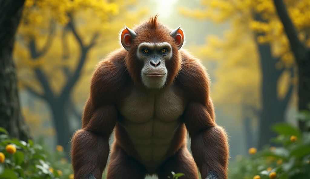 Front view,There is a wild beast in the osmanthus forest,Looks like a brown monkey but has white ears,Standing upright like a human(best quality,4K,8k,High level,masterpiece:1.2),Ultra Detailed,(lifelike,Photo real,Photo real:1.37)