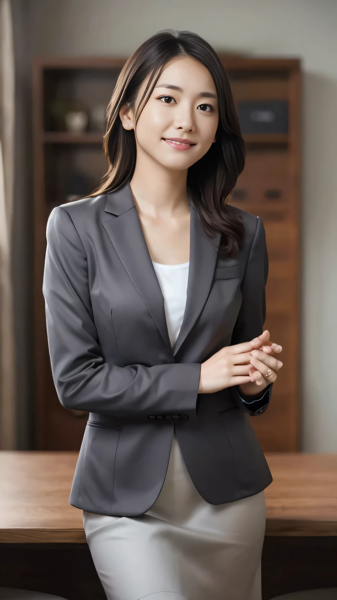 Tabletop, Highest quality, shape, Very detailed, In detail, High resolution, 8k wallpaper, Perfect dynamic composition, Beautiful attention to detail,Medium Hair, Center of chest, Natural color lip, Random sexy poses,smile,Businesswoman、suit、Business Suite、White shirt、レディースsuit、Dark grey blazer、Dark grey tight skirt、Yui Arakaki's face