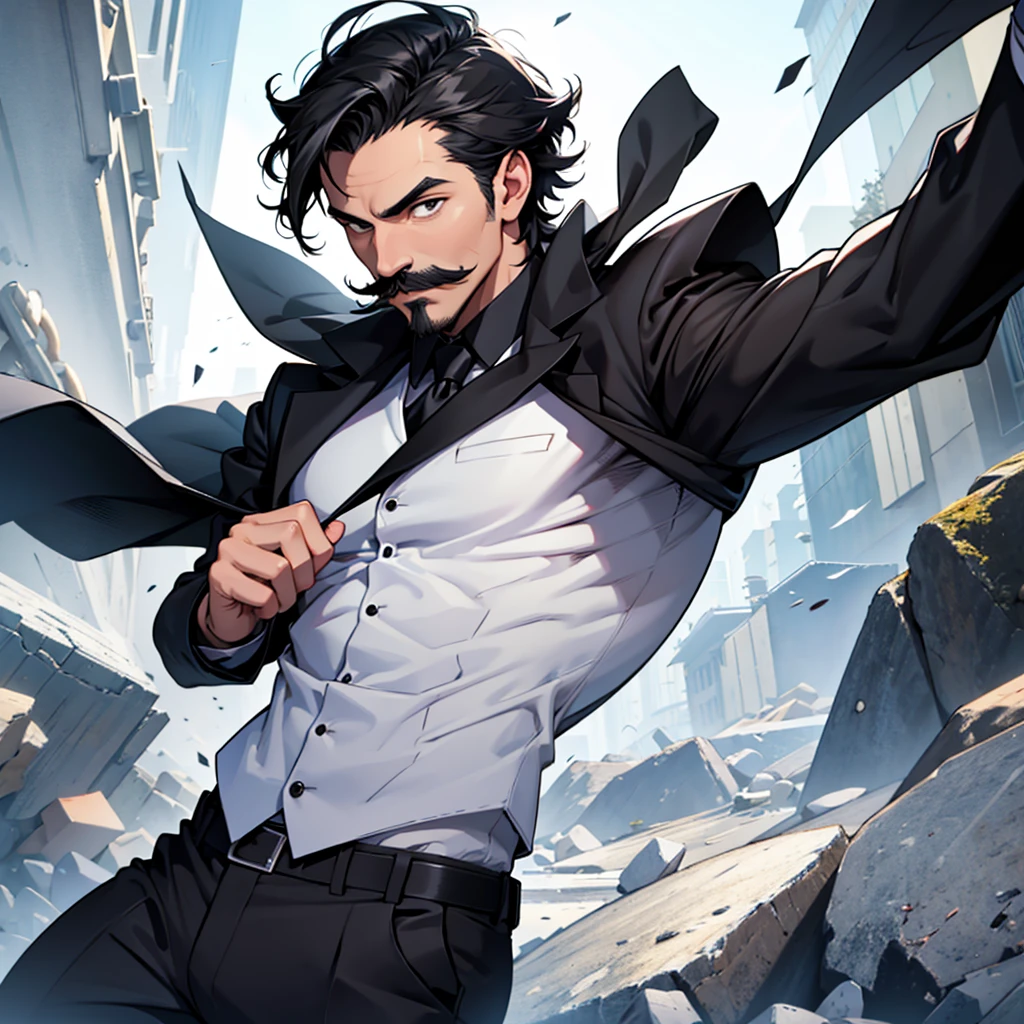 Create an image that represents motivation and personal growth of a boy wearing a black suit and having a mustache.
