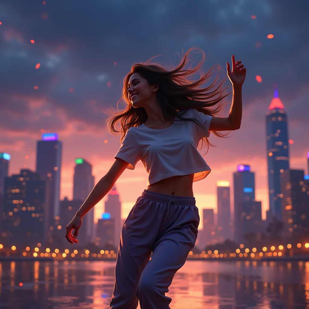 A woman wearing a t-shirt and sweatpants, Long Hair, Dancing, City of night, Beautiful night view as background