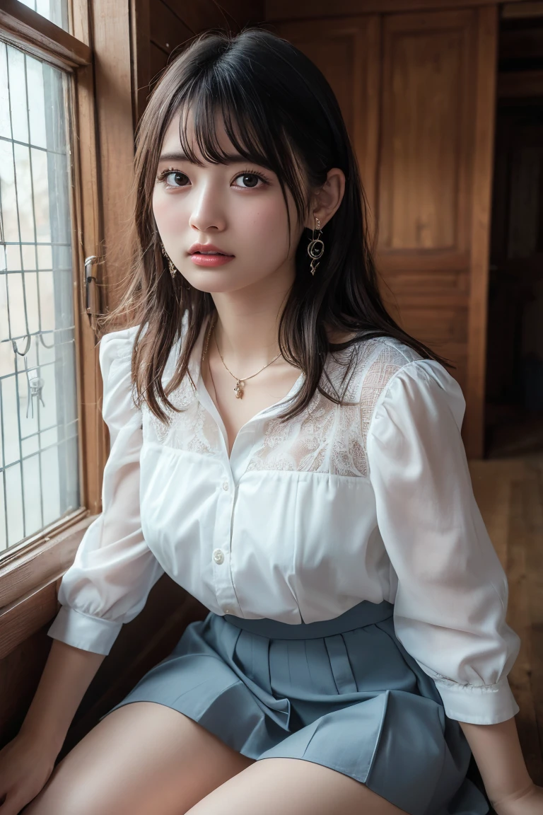 (Highest quality:1.4),(masterpiece:1.4),(Realistic:1.4),(Realistic:1.2),(超High resolution, RAW Photos:1.4),(High resolution, Ultra-detailed:1.2),(8k:1.2),View your viewers,Cinematic photography,One person,skeletally correct,Black-haired woman,Woman in her early 20s,(Small earrings,necklace,White blouse,Cream tulle skirt),(Western-style building interior,Dimly lit room,The lamplight shines on my cheeks,kneel)