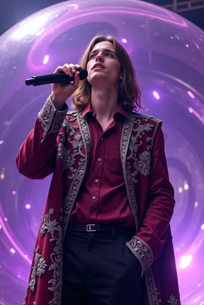 artwork best quality realistic image handsome american male teenager long brown hair flying fair skin with burgundy button down shirt and black pants with coat cape and hood on head in burgundy color with intricate silver details shining. the teenager is inside a giant crystal ball and singing with a microphone in his hand with purple lights around him illuminating him intricate details seen from afar in a show with details uhq details 8k realism