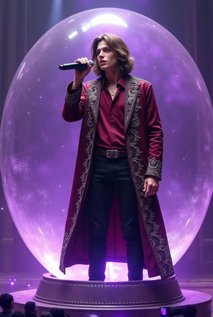 artwork best quality realistic image handsome american male teenager long brown hair flying fair skin with burgundy button down shirt and black pants with coat cape and hood on head in burgundy color with intricate silver details shining. the teenager is inside a giant crystal ball and singing with a microphone in his hand with purple lights around him illuminating him intricate details seen from afar in a show with details uhq details 8k realism