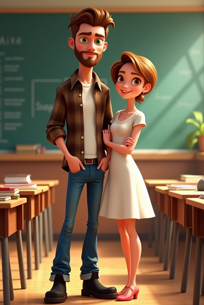 Disney Pixar style cover of a handsome man, high, delgado white tea, brown hair combed to the side, with beard, green eyes, with jeans, plaid shirt, black boots in a classroom with a tall beautiful woman, slim , white tea, short, very short light brown hair, big brown eyes