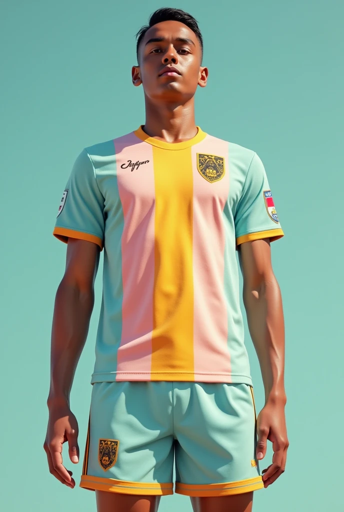 Make a football kit with this style, Retro Vintage Inspiration: T-shirt in pastel tones (light pink, baby blue and yellow) with a wide vertical stripe design. The team crest has a retro style with a distressed effect to give a vintage look. The numbers and names of the players are in a cursive font.. The shorts are a single pastel color with a striped hem..