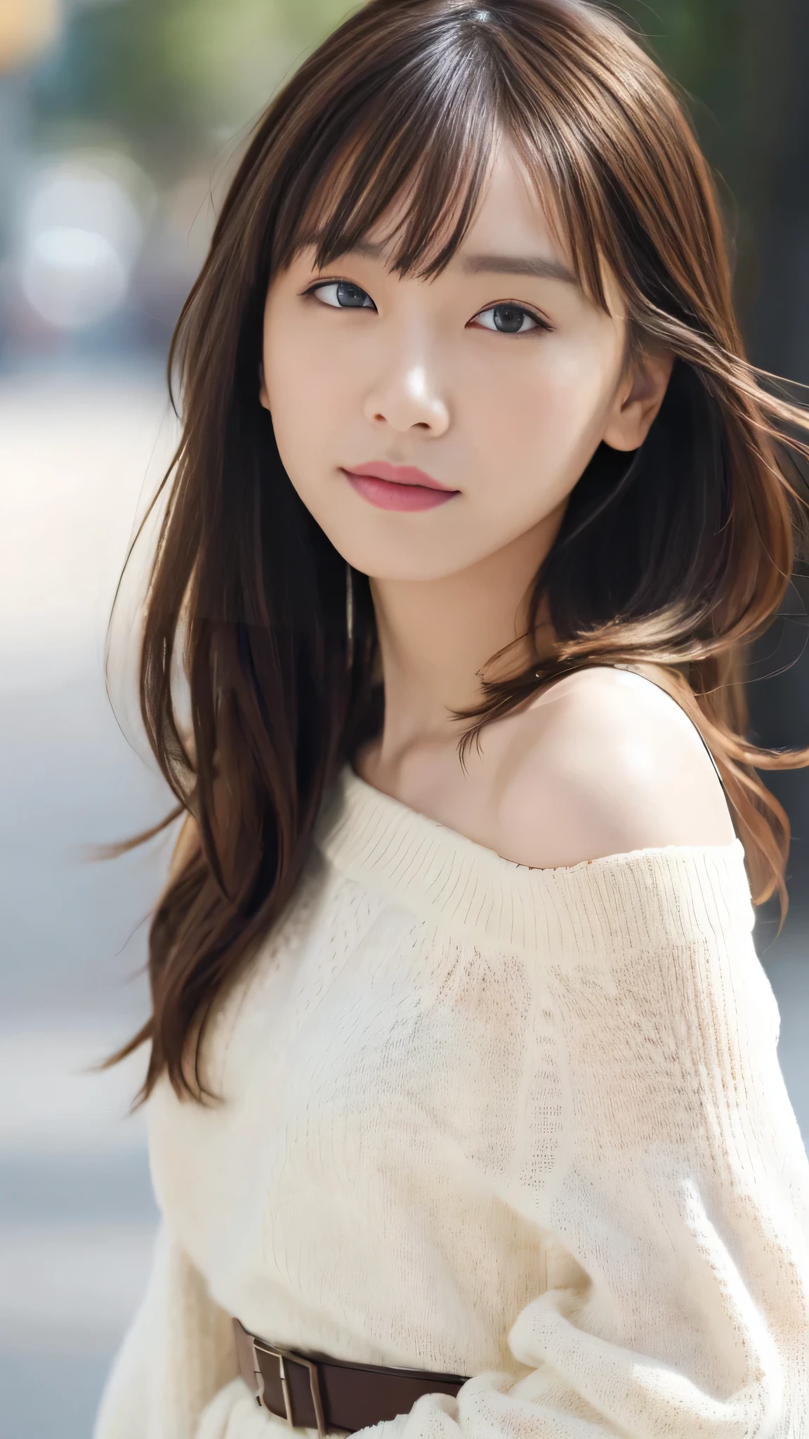 Ultra-high resolution, Superior Quality, Highest quality, Very detailed, Realistic, 8k, RAW Photos, Highest quality, masterpiece, Attractive girl, Awesome girl, Brown Hair, Shoulder-length layers, Asymmetrical bangs, K-POPアイドル, Sophisticated, stylish, White knit, Shibuya Ward,Yui Arakaki's face