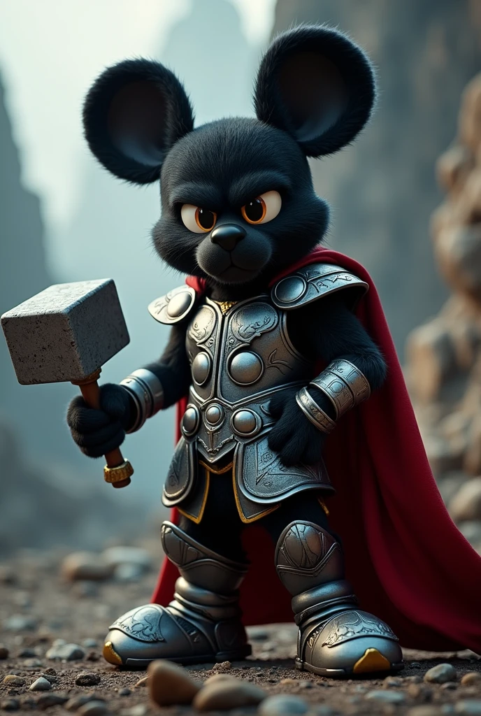 hình ảnh thực tế, Mickey Mouse Club, black pete cat character, wearing thor's armor, hammer handle
