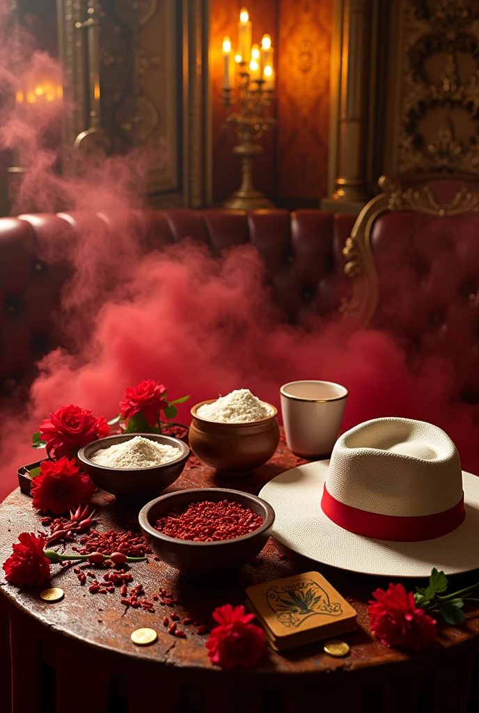 Luxury cabaret, with lots of details, full of gold and in the middle several macumba works, umbanda, clay bowl, clay bowls with flour, chili pepper, on the table decks, red carnations , dados, gold-coins, white and red candles lit and melted, bottles of whiskey and bottles of beer, red smoke at the bottom of the image, a white Panama hat with a red band, without any person, cabaret, African matrix, umbanda, money,