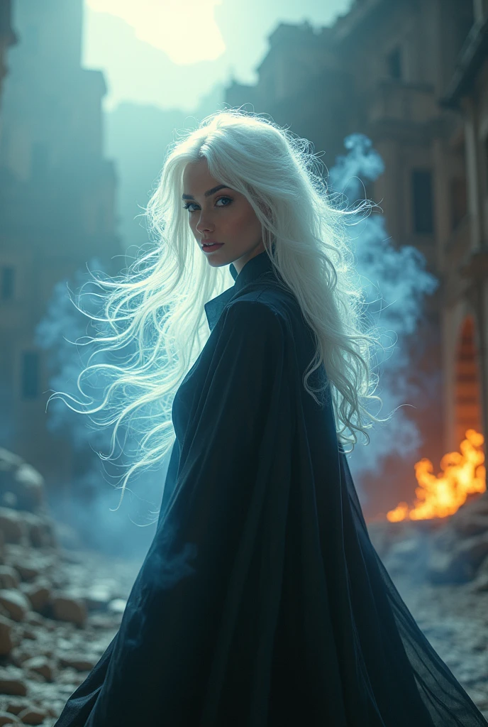 Wabstyle, luminous, robe, (fog,:1.2) (fog:1.2), smoke, woman, consisting of white light, woman composed of black smoke, fire, Sun, (photorealistic:1.4), cowboy shot, cinematic angle, fish eye, Blur, nude, sexually, shojo kito-chuu,blue fire, hot rain, Long hair fluttering in the wind, loong, Wool, The best smile, when you see me、милая эмо-woman, long darkness (white and black hair), punk rock ta, natural breasts, waist-length portrait, full length portrait, fashion photography, long wavy white and black hair, ((long black leather coat)), perfect face, ((full length portrait)) No background, Beautiful teeth in ultra high definition, realistic hands, Stones_From_Matera in the background, wide angle landscape of Matera