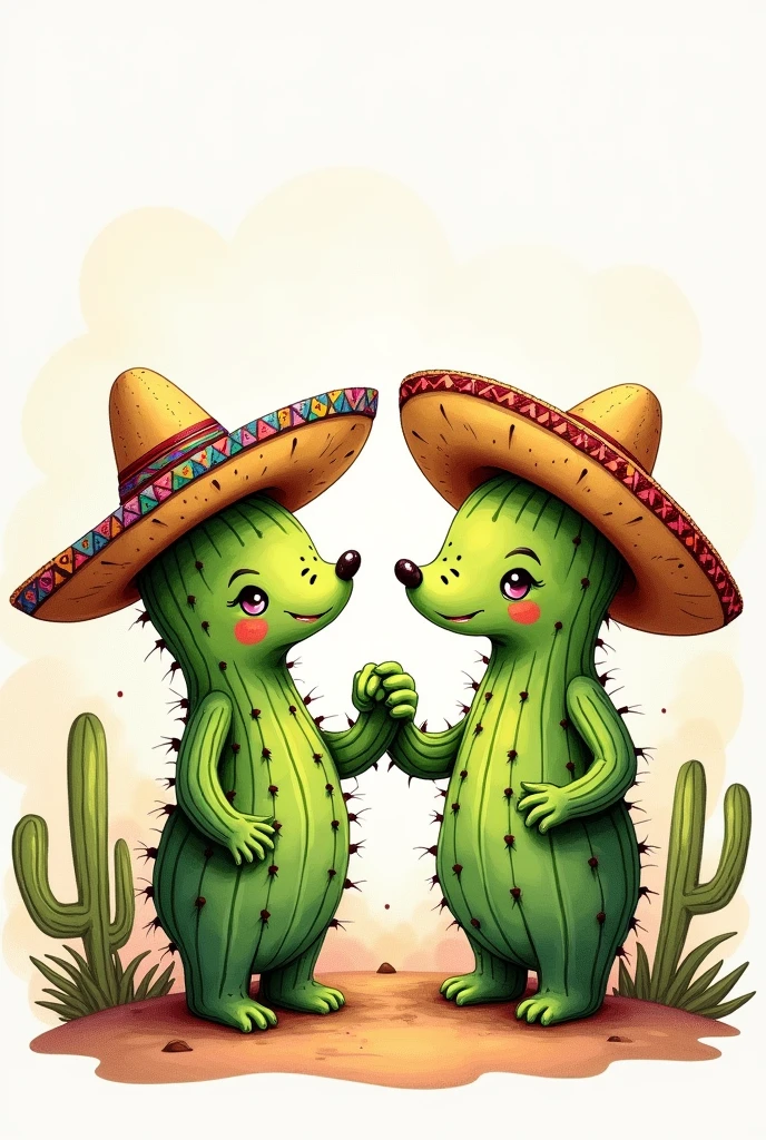 Make a coloring drawing of two cacti wearing charro hats holding hands