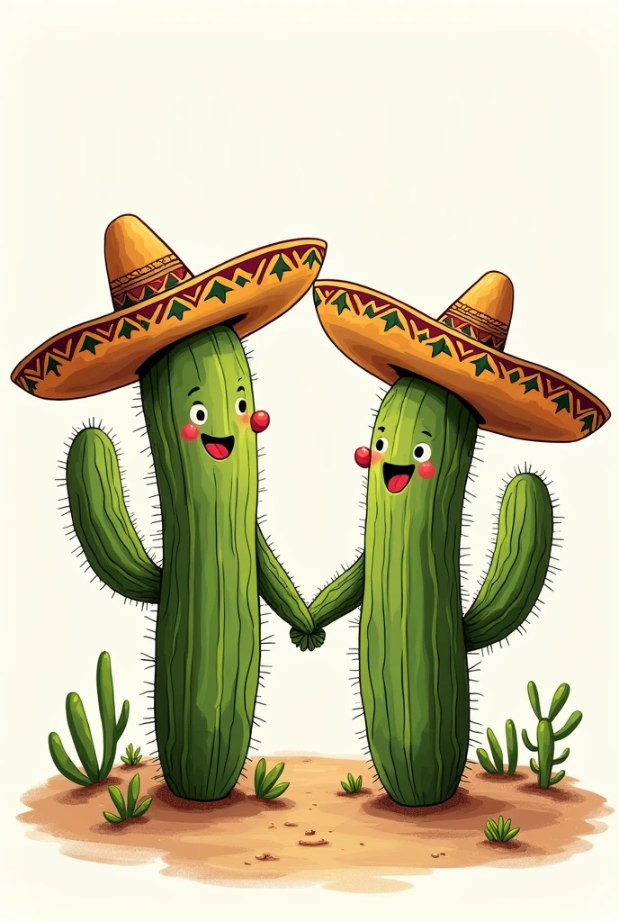 Make a coloring drawing of two cacti wearing charro hats holding hands