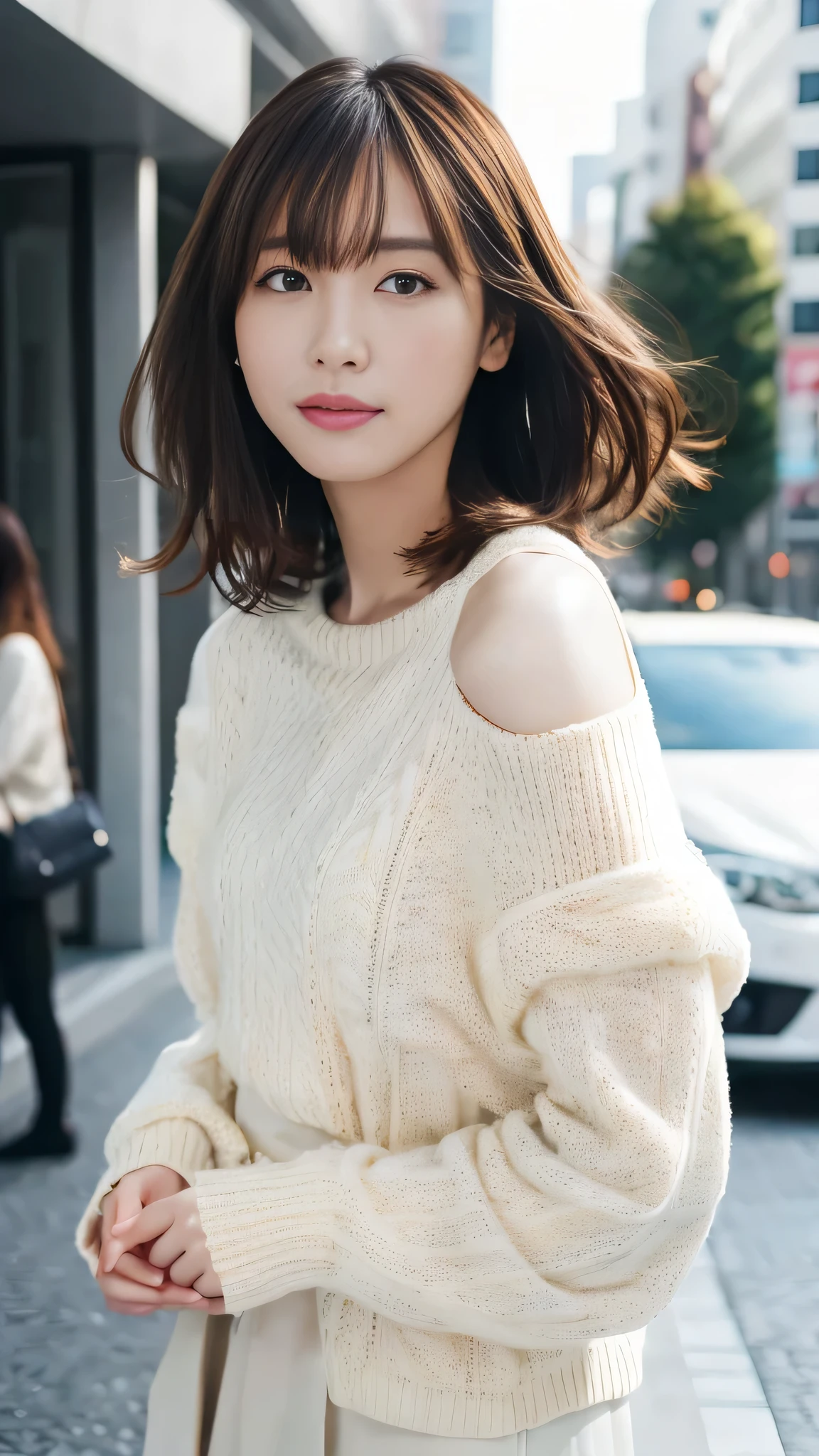 Ultra-high resolution, Superior Quality, Highest quality, Very detailed, Realistic, 8k, RAW Photos, Highest quality, masterpiece, Attractive girl, Awesome girl, Brown Hair, Shoulder-length layers, Asymmetrical bangs, K-POPアイドル, Sophisticated, stylish, White knit, Shibuya Ward,Yui Arakaki's face