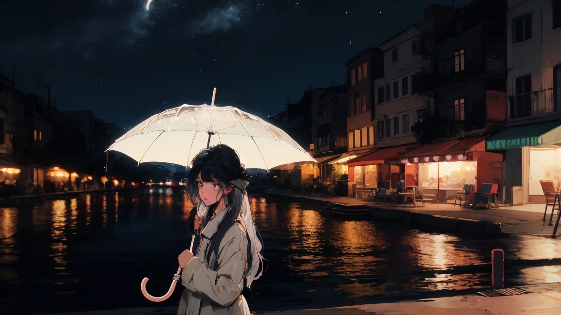 girl、Holding an umbrella、Clear look、night、Long Hair、night、it&#39;s raining、Silver Hair Sitting on a Park Bench、Looking up at the sky、Wet road surface、high resolution