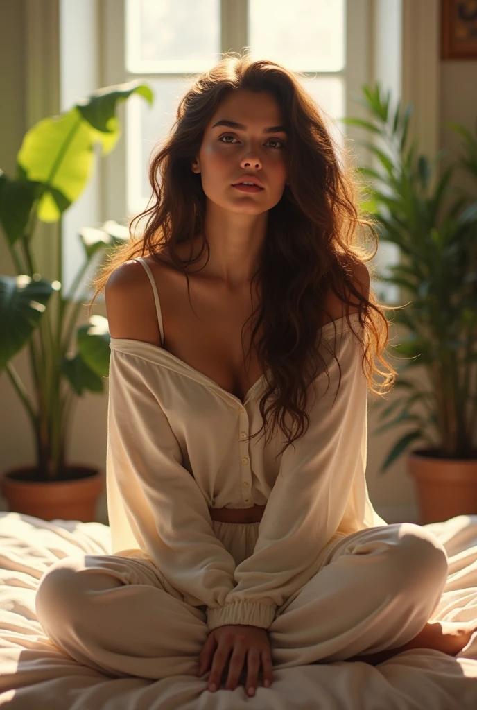 (photorealism:1.2), beautiful woman, sitting on bed, wearing loose off-shoulder top, pajama pants, long curly hair, indoors, soft lighting, plants in background, window with sunlight, cozy room, relaxed pose, realistic, intricate details, warm colors, by Greg Rutkowski, by Alphonse Mucha