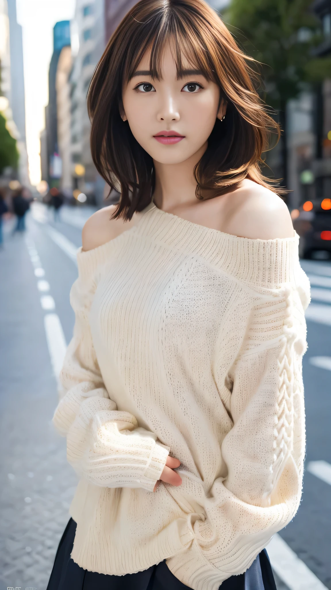 Ultra-high resolution, Superior Quality, Highest quality, Very detailed, Realistic, 8k, RAW Photos, Highest quality, masterpiece, Attractive girl, Awesome girl, Brown Hair, Shoulder-length layers, Asymmetrical bangs, K-POPアイドル, Sophisticated, stylish, White knit, Shibuya Ward,Yui Arakaki's face