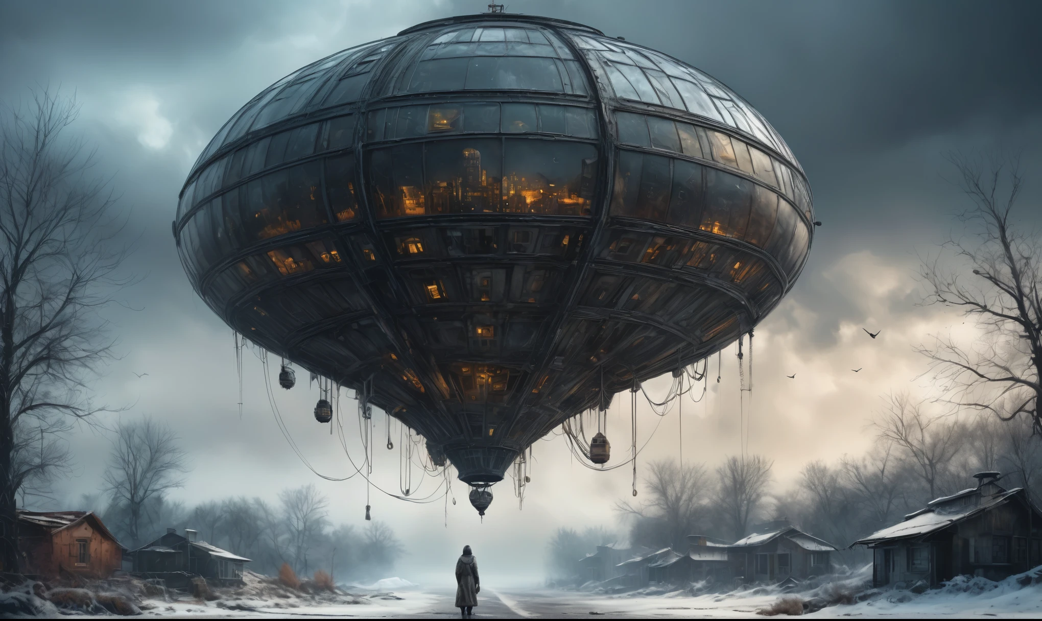 insane pilot from USSR , camouflage Rusty, after a psychiatric clinic,winter,intricate landscape,slate grey atmosphere,film grain,faded,eyes extremely detailed,another world,view from height,once pretty face,eyebrow up,full body shot,ominous landscape, Simon Stalenhag,Nicola Samori,full body shot,beggar paladium The Alien Entity,Technicolor,natural skin textures, hyper realism, hyper detailed,Extremely detailed,High contrast,Masterpiece,Realistic,Ultra Detailed, intricate details,realistic humid leather,extremly intricate,Epic Realistic, cinematic style,irina yermolova,high contrast,hdr,extremely detailed, deep night landscape,masterpiece,intricate details,faded,eyes extremely detailed, high detailed eyes,8k resolution,RAW,retina, Nikon Z9,China,tkt style, transition between two art styles, Ink painting to photorealism, Double contact, X-ray, Creative, vivid light, masterpiece, fantasy, Abstract Surrealism, super detailed, high resolution, stop:35;Her skin is pale, almost translucent,ancient rock,a hot air soars through the layers of clouds, revealing a colossal and enigmatic cityscape nestled within. The buildings in this ethereal city are adorned with intricate details and exude an aura of mystery.  lend an enchanting touch to the scene. steampunk. The intricate mechanics create a sense of wonder and fascination, as if stepping into a dreamlike realism, Glass geometric shapes with a bunch of trees on it, overgrown planet, Fractal World, A lush world of fantasy, fantasy planet, Dyson geometric shapes,  planetary landscape, Jofra Bosschart,psychedelic  Mysterious World