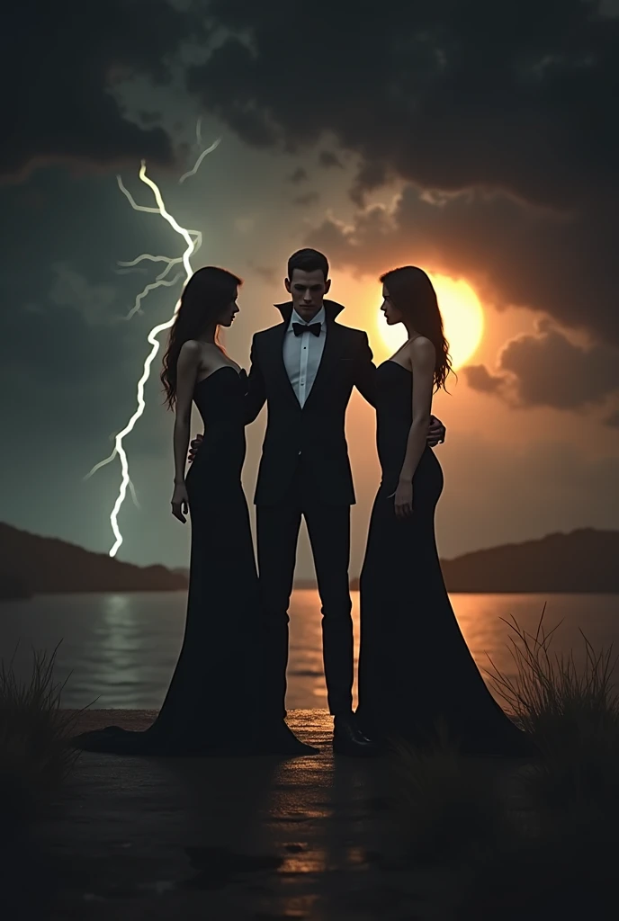 A handsome man with a perfect slim face dressed in a long black Dracula suit without a shirt, a cloudy sunset sky, a sun hiding behind a trail of water that matches the sun, a lightning bolt from afar next to him, two beautiful women dressed in black, the man is in the middle