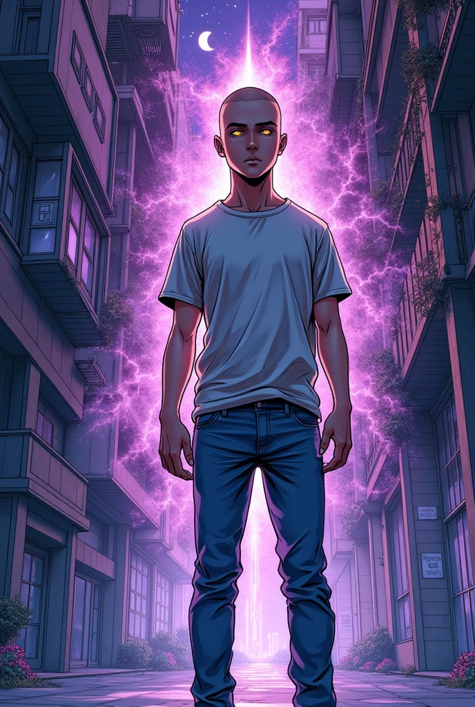 Manhwa comic page with multiple scenes, capturing the character's evolution and the atmosphere of each moment. A 2 young man, with a shaved head, you fear jeans, and a short sleeved shirt, yellow eyes and a heavy aura surrounding him of the purple color